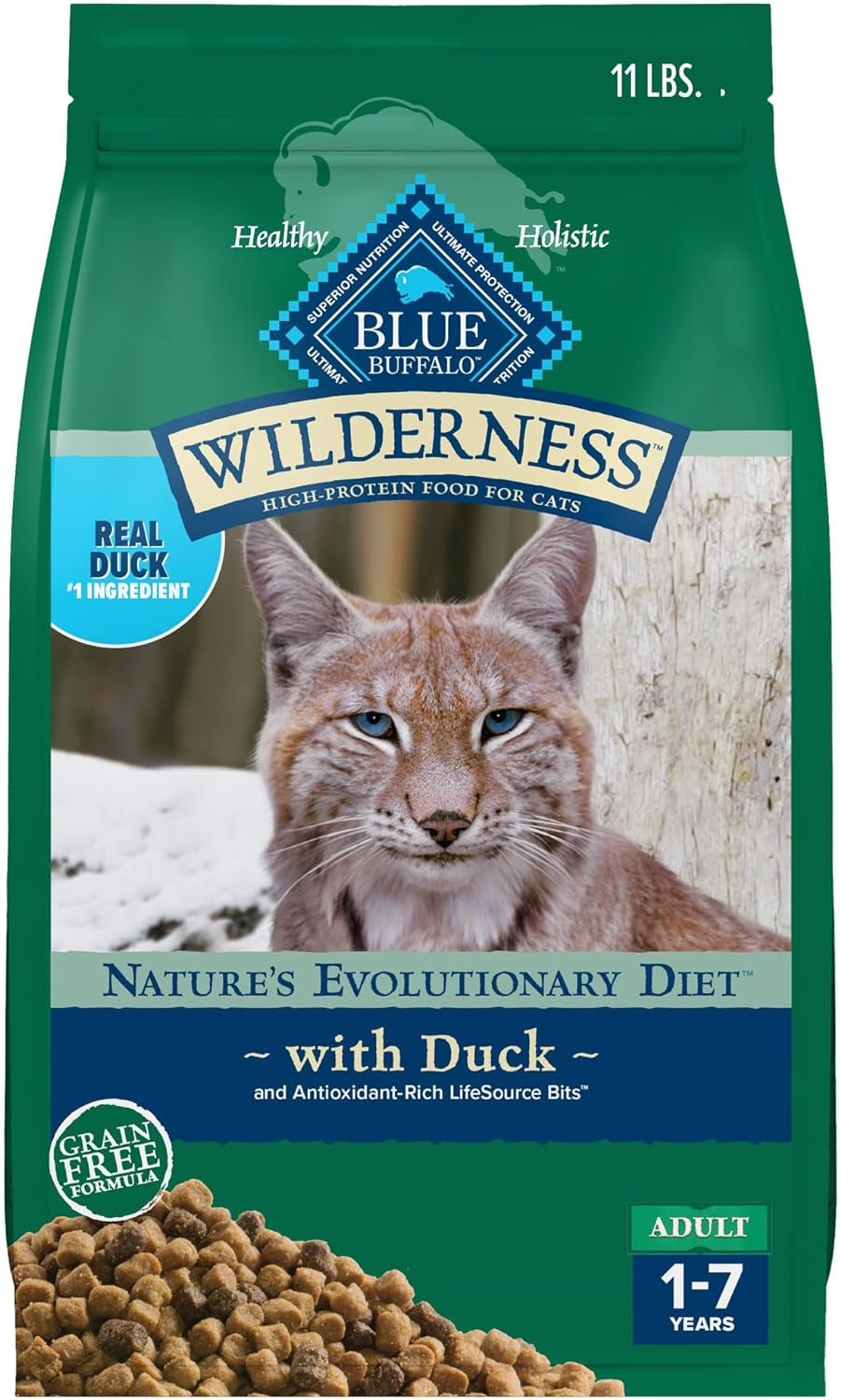 Blue Buffalo Wilderness High-Protein Adult Dry Cat Food with Real Duck - Grain-Free Nutrition for a Happy, Healthy Cat - 11-Lb Bag